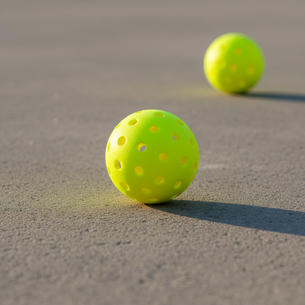 GAMMA Photon outdoor pickleballs on a concrete pickleball court in warm afternoon light