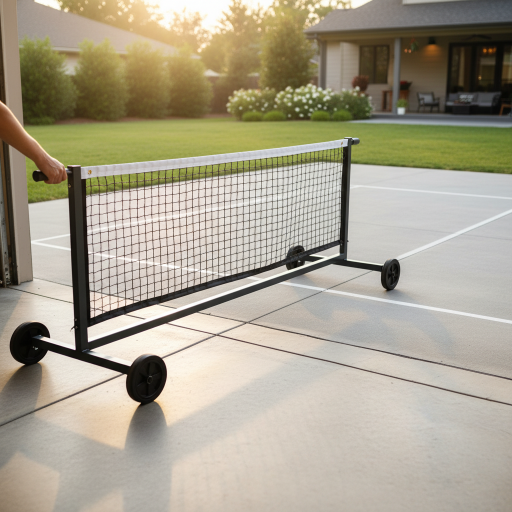 Premium portable pickleball net being rolled on wheels from storage toward an outdoor backyard court, showing ease of mobility