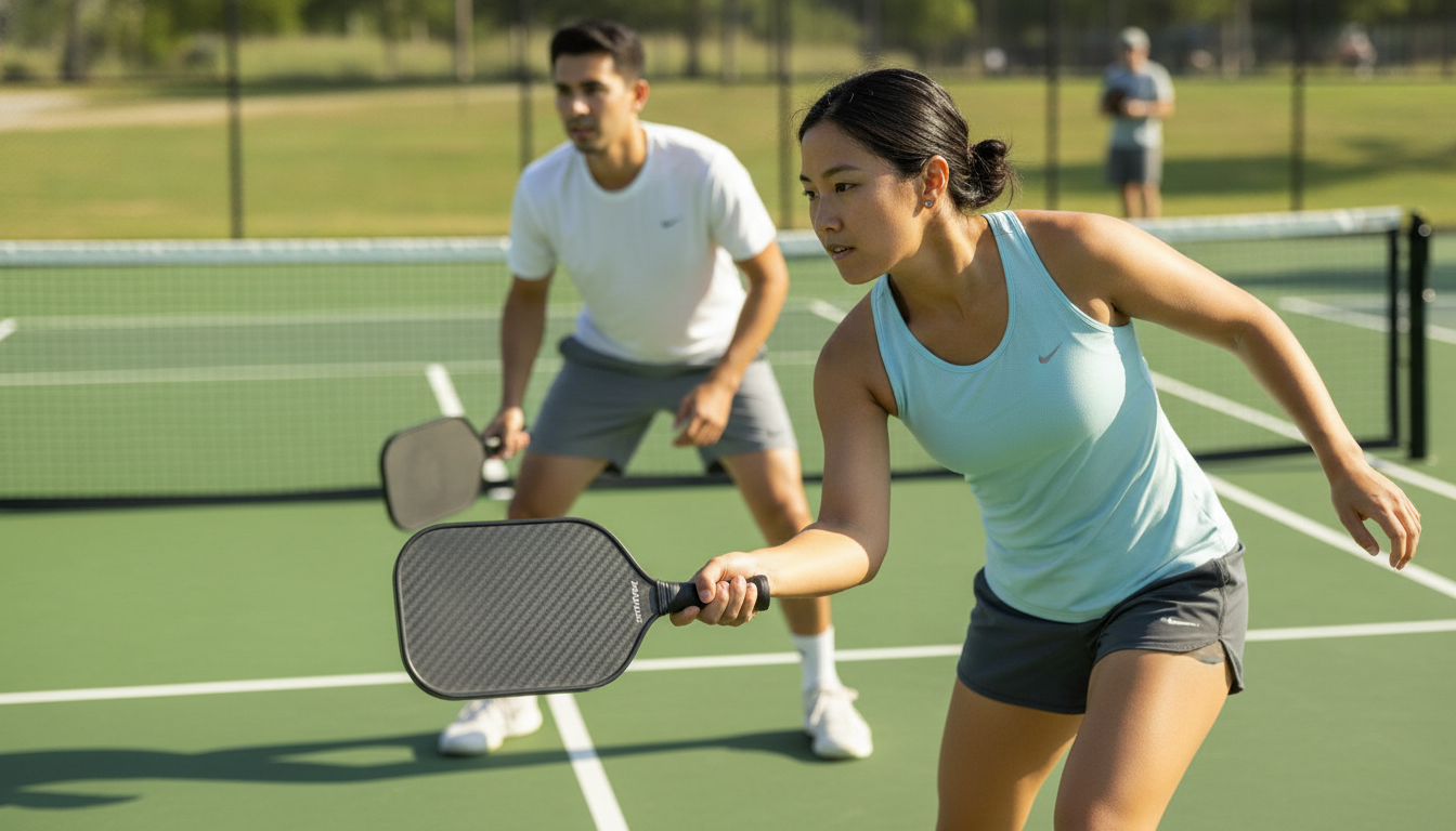 Players at the kitchen line with pickleball paddles — choosing the right paddle changes how you play