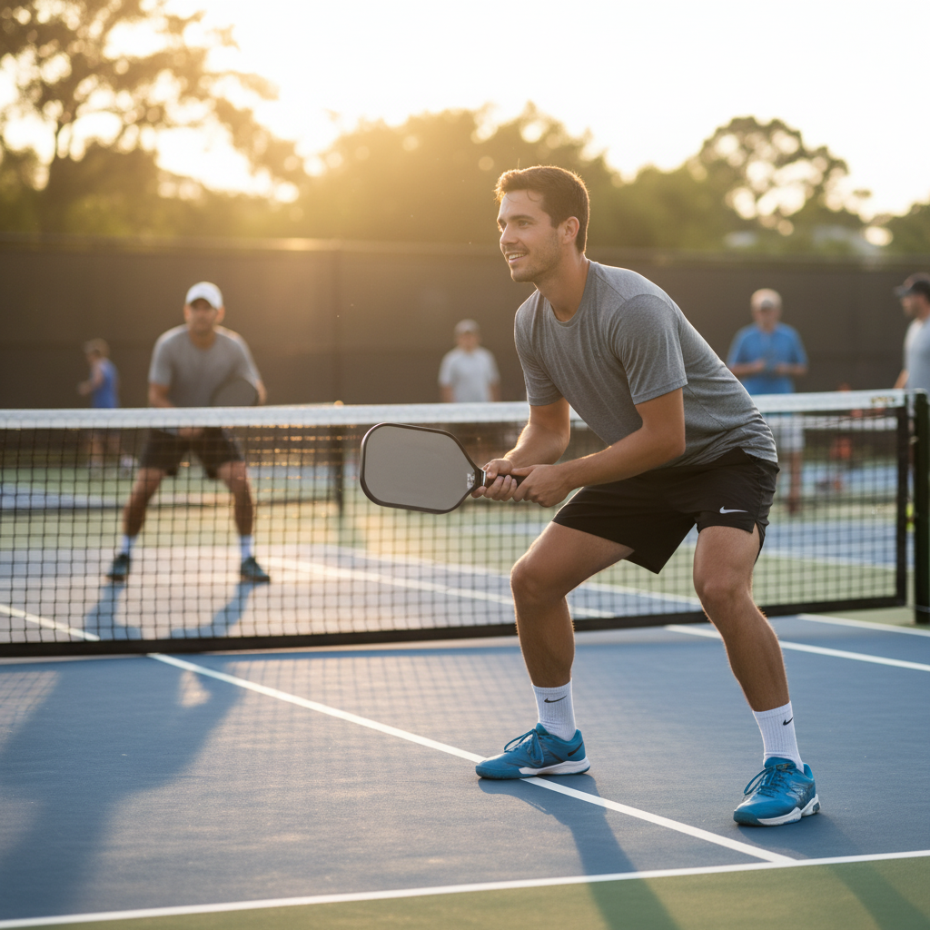 Pickleball player in ready position at kitchen line blocking a banger drive with a controlled reset