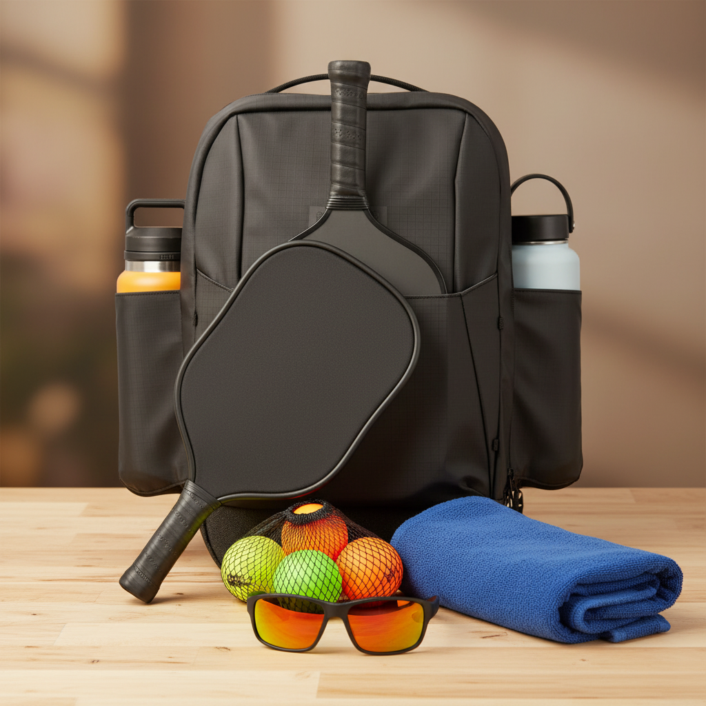 Best pickleball gifts under $100 — curated flat-lay of court accessories including paddles, balls, sunglasses, and a FORWRD pickleball bag