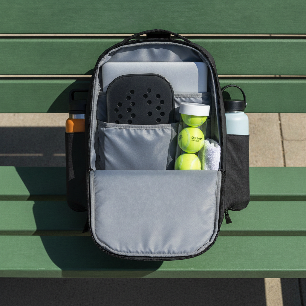 FORWRD Court Caddy backpack open on courtside bench showing paddles, laptop, water bottle, and organized tournament day loadout
