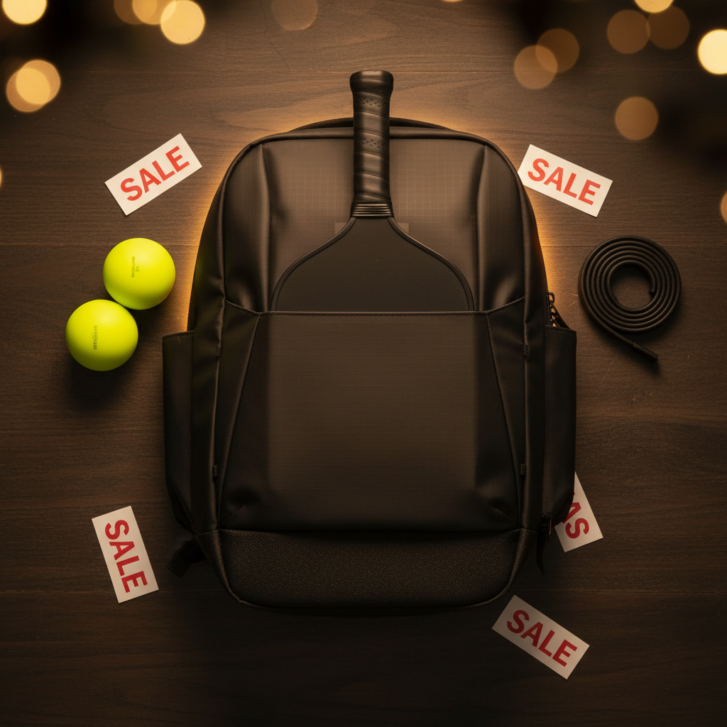 Black Friday pickleball deals flatlay — backpack, paddle, and neon yellow balls on dark wood surface with sale tags