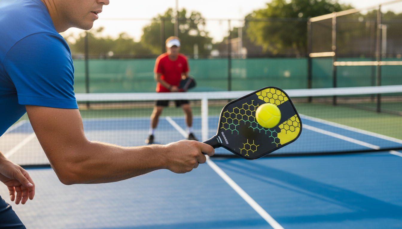 Pickleball players in a dinking exchange at the kitchen line during outdoor play