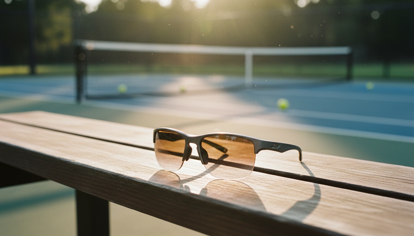 Sport sunglasses on an outdoor pickleball court bench at golden hour — testing automatic tinting eyewear for court play