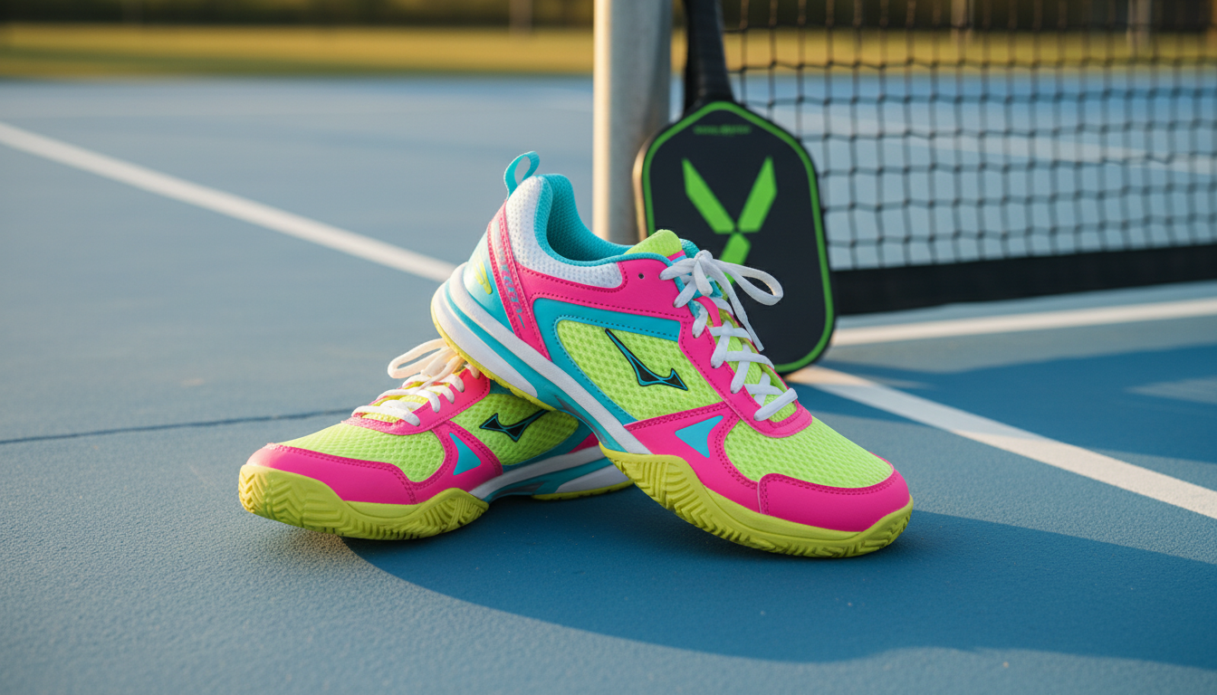 Women's pickleball court shoes on an outdoor court surface with paddle in the background