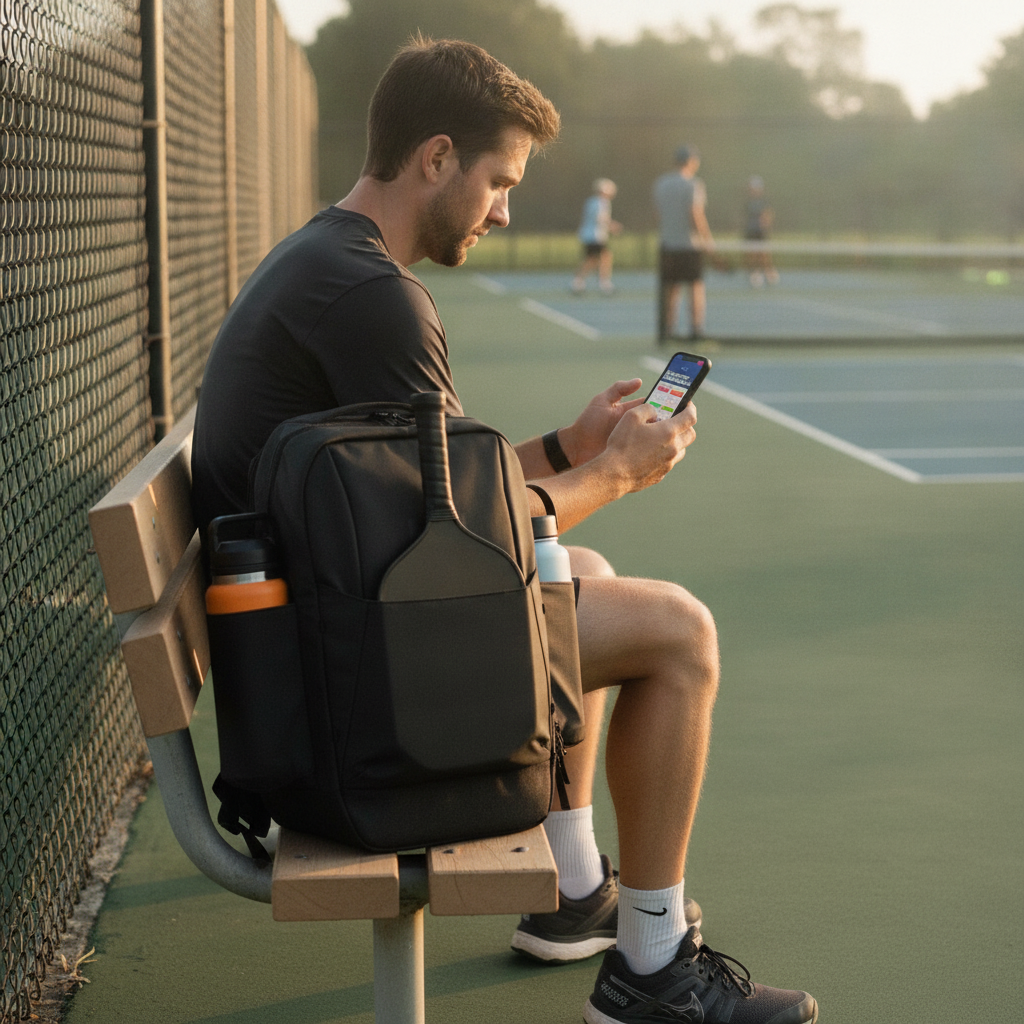 Pickleball player checking tournament schedule on phone at courtside bench