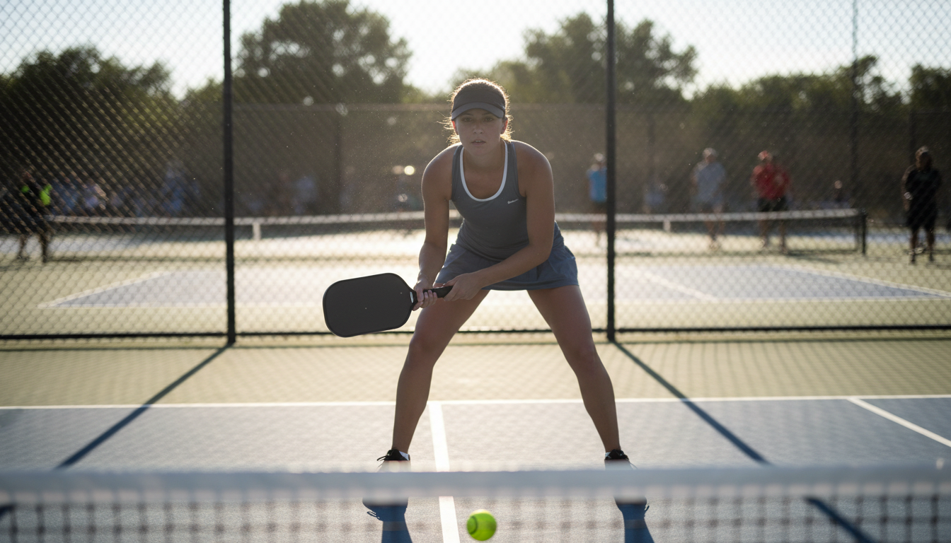 CRBN-3X Power Series paddle at the kitchen line — carbon fiber face visible, outdoor court