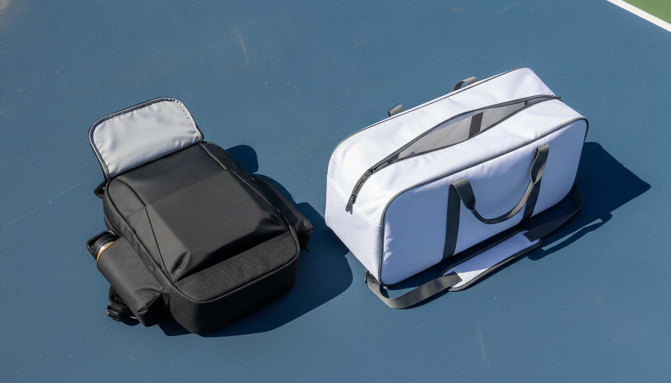 Side-by-side comparison of a pickleball backpack and a tennis bag showing different compartment designs for carrying paddles and rackets