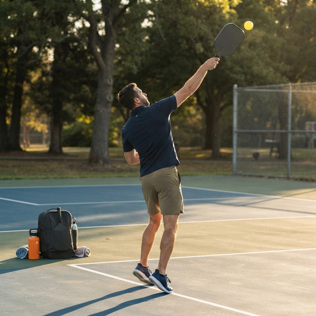 Recreational pickleball player mid-serve with topspin follow-through on an outdoor blue court