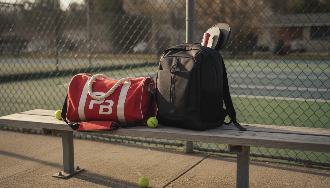 Two pickleball bags side by side on a court bench — comparing Wilson and premium backpack styles