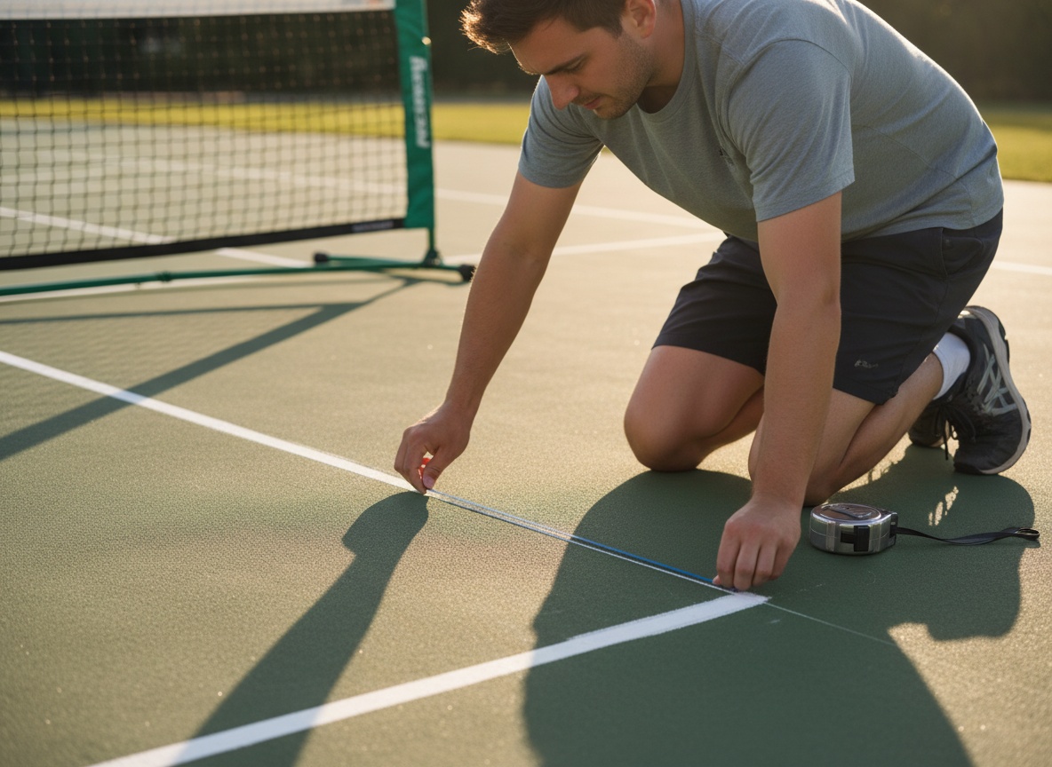 Person using a chalk snap line to mark pickleball court boundaries on an outdoor court surface with tape measure visible
