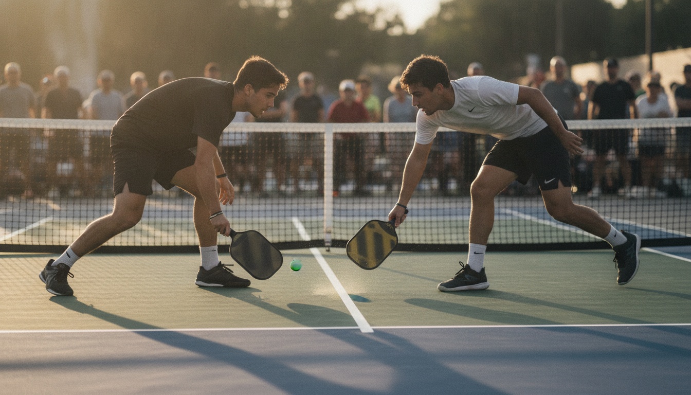 Pickleball players in an intense kitchen duel on an outdoor court, late afternoon golden light