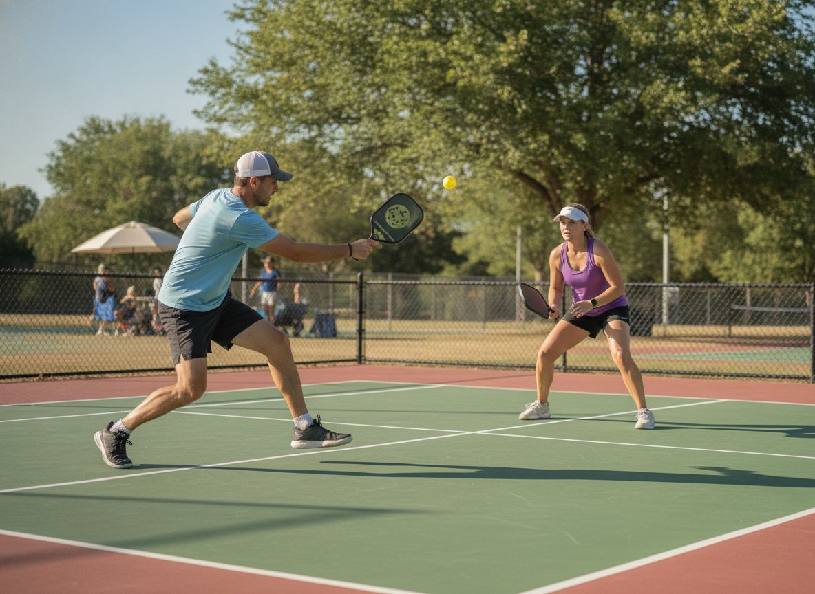 Pickleball players at the kitchen line in an outdoor court rally, recreational doubles action