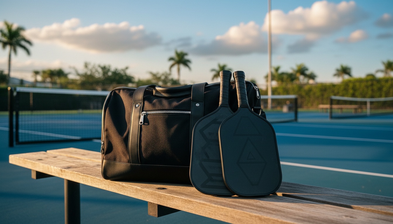 Pickleball bag and paddles on a courtside bench at golden hour