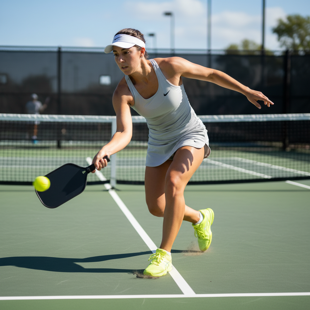 Pickleball player hitting a powerful baseline drive, showing the attacking form and follow-through of a power-focused player