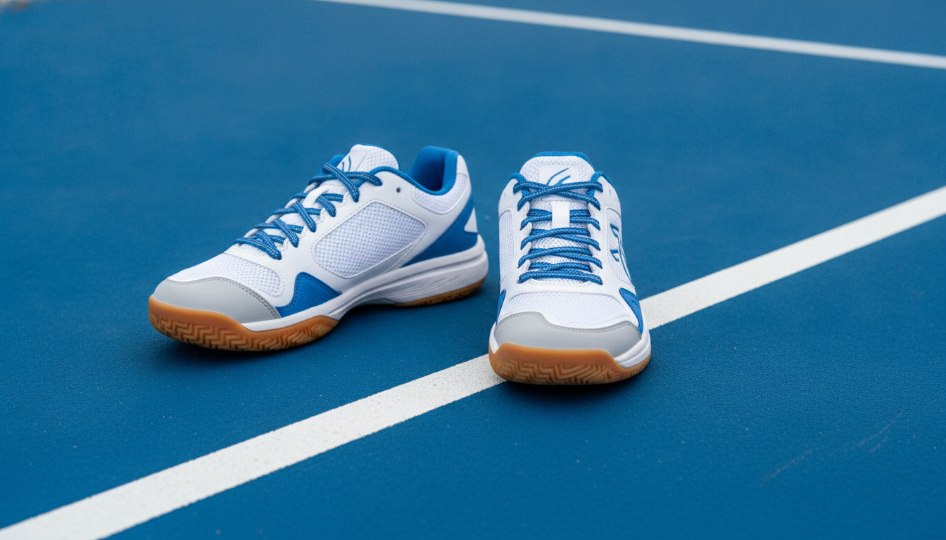 Pickleball court shoes positioned on blue court surface — Selkirk Legacy Pro review