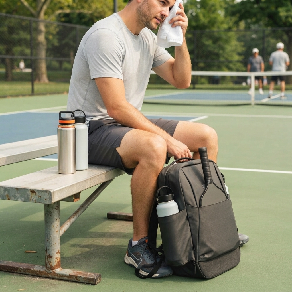 Pickleball player courtside at an outdoor public court between games, dark backpack visible on bench, natural summer lighting
