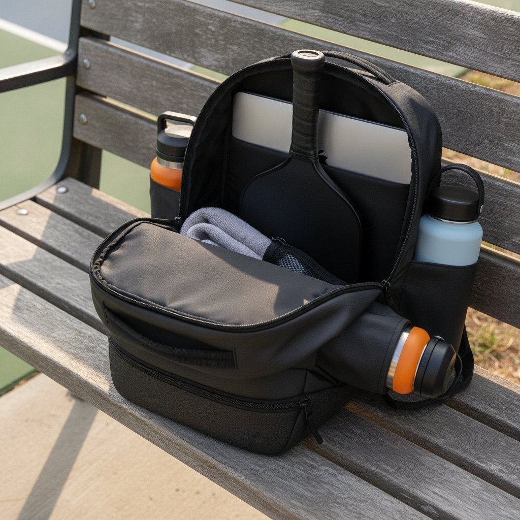Court Caddy Pickleball Bag open on outdoor court bench showing organized compartments with paddle grip and laptop visible
