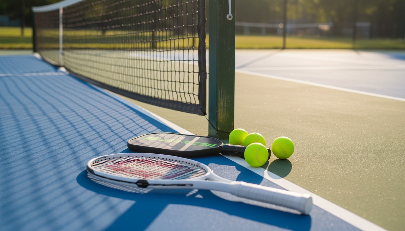 Pickleball paddle and pickleballs resting on an outdoor court beside a tennis racket, representing the switch from tennis to pickleball