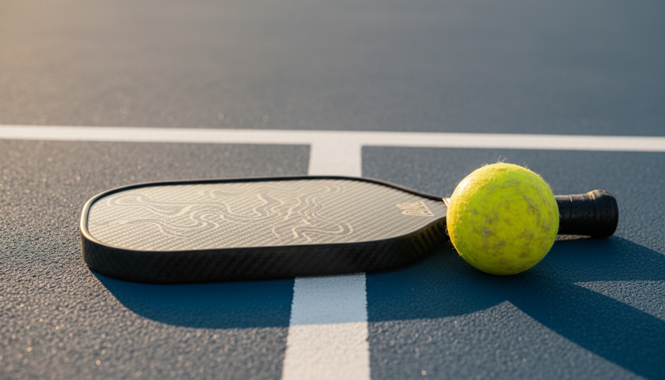JOOLA Ben Johns Hyperion Pro IV 14mm pickleball paddle on outdoor blue court with yellow pickleball at golden hour