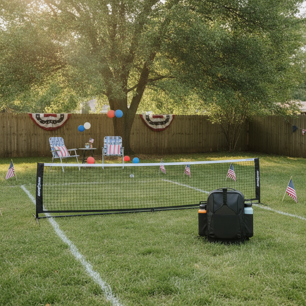 Portable pickleball net set up in a backyard with July 4th decorations and a black pickleball backpack nearby
