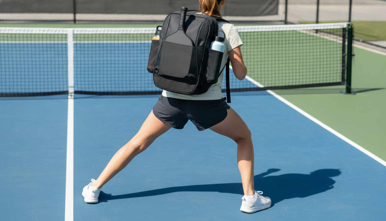 Pickleball player in athletic stance showing lateral footwork and court shoes on a green outdoor court