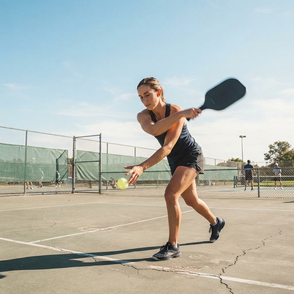 Pickleball player mid-serve on an exposed outdoor public court with open sky overhead