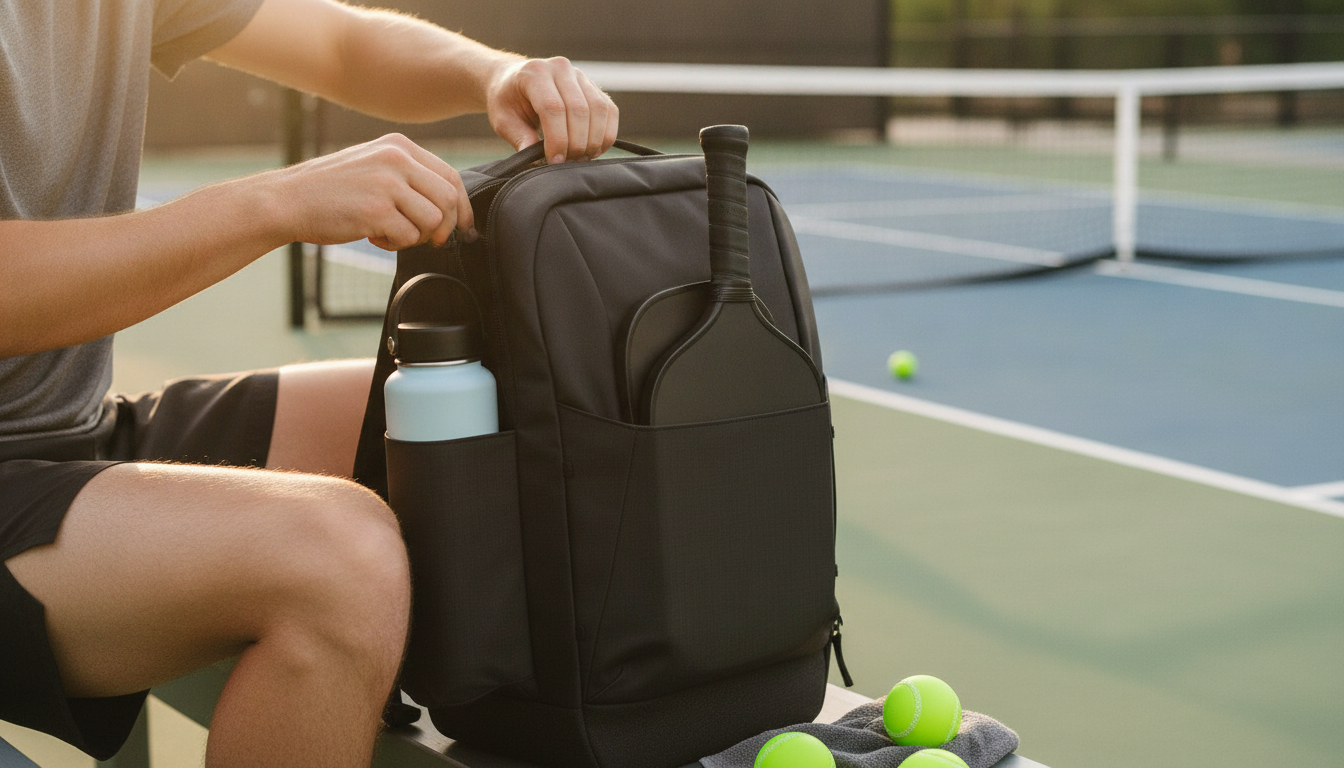 Player opening a pickleball backpack at the court sideline with paddles and water bottle visible