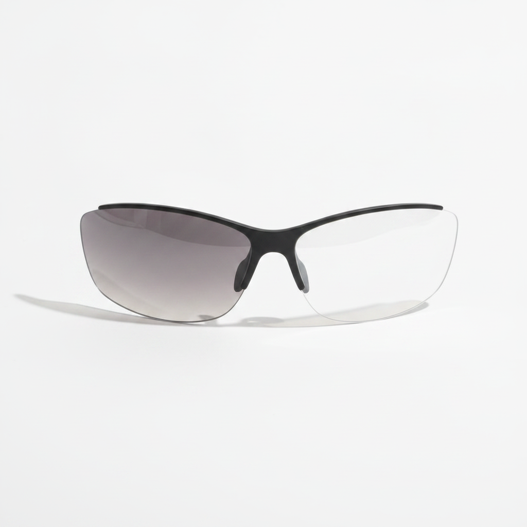 Two sport glasses lenses side by side — dark smoke tinted (photochromic activated) and nearly clear (low-light mode) — showing auto-tint range