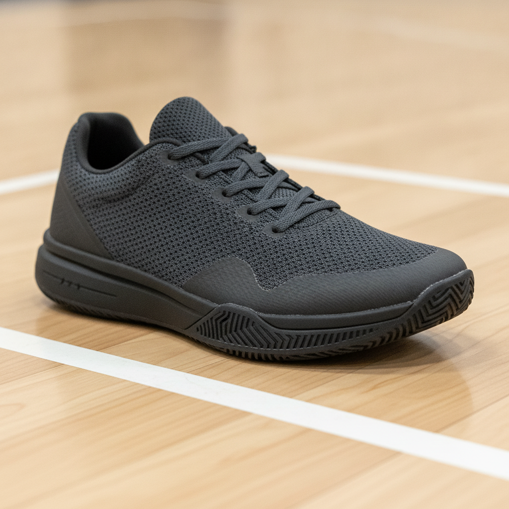 Performance knit court shoe on indoor pickleball hardcourt showing textured upper detail