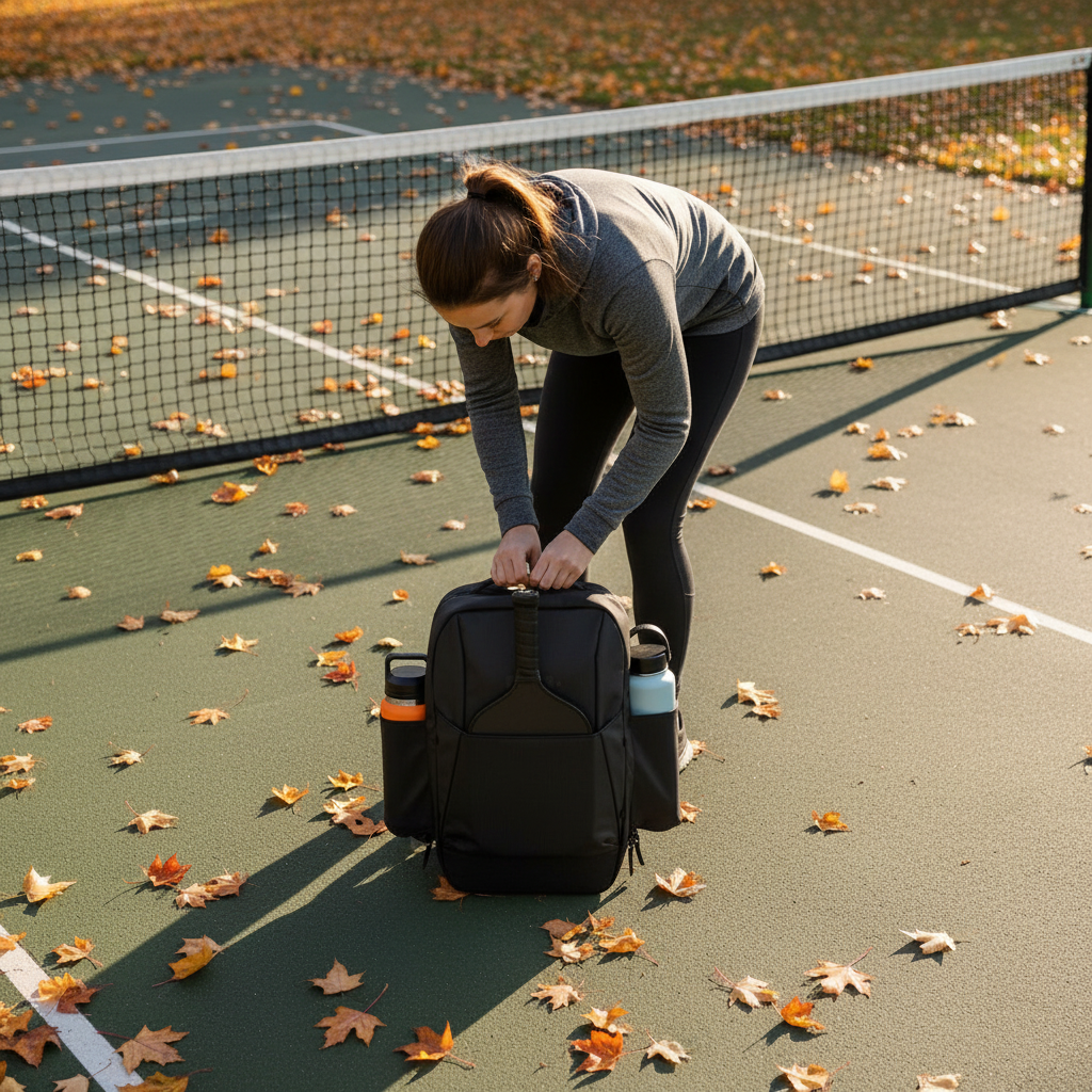 Pickleball player arriving at outdoor court on crisp fall morning with black backpack