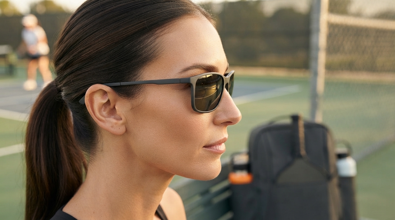 Woman player wearing slim sport sunglasses at outdoor pickleball court showing frame fit on narrower face profile