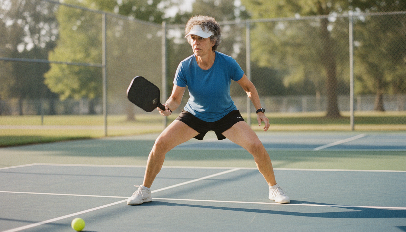 Pickleball player in split-step ready position on outdoor hard court, knees bent in athletic stance