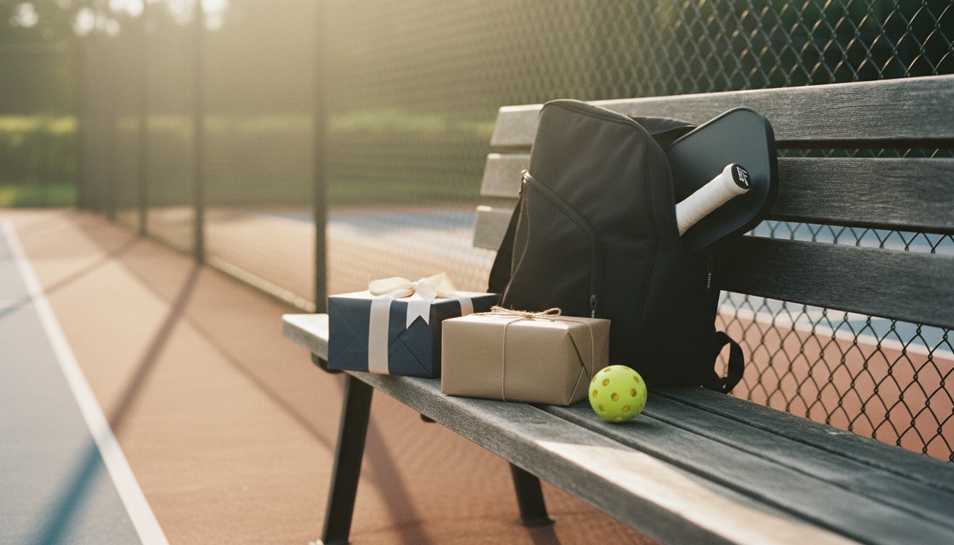 Pickleball gifts for men displayed on a court bench at golden hour — gift boxes, a backpack, and a pickleball
