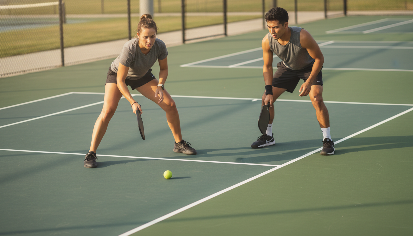 Beginner pickleball players practicing dink shots at the kitchen line