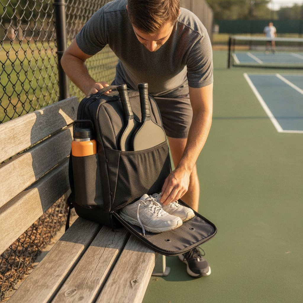 Engage Team Pickleball Bag - budget-friendly backpack open on outdoor court bench with gear organized