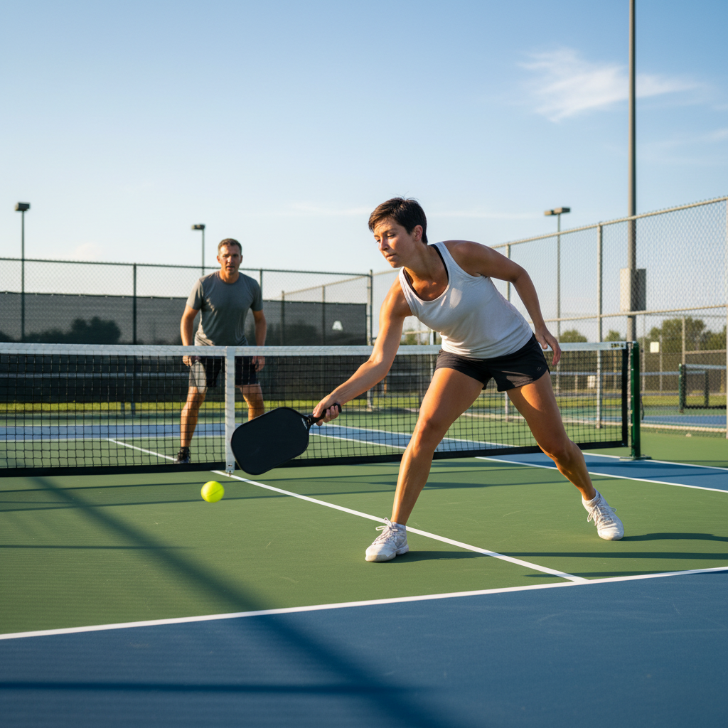 Adult players in an outdoor summer pickleball league match, sunny hard court, competitive doubles rally