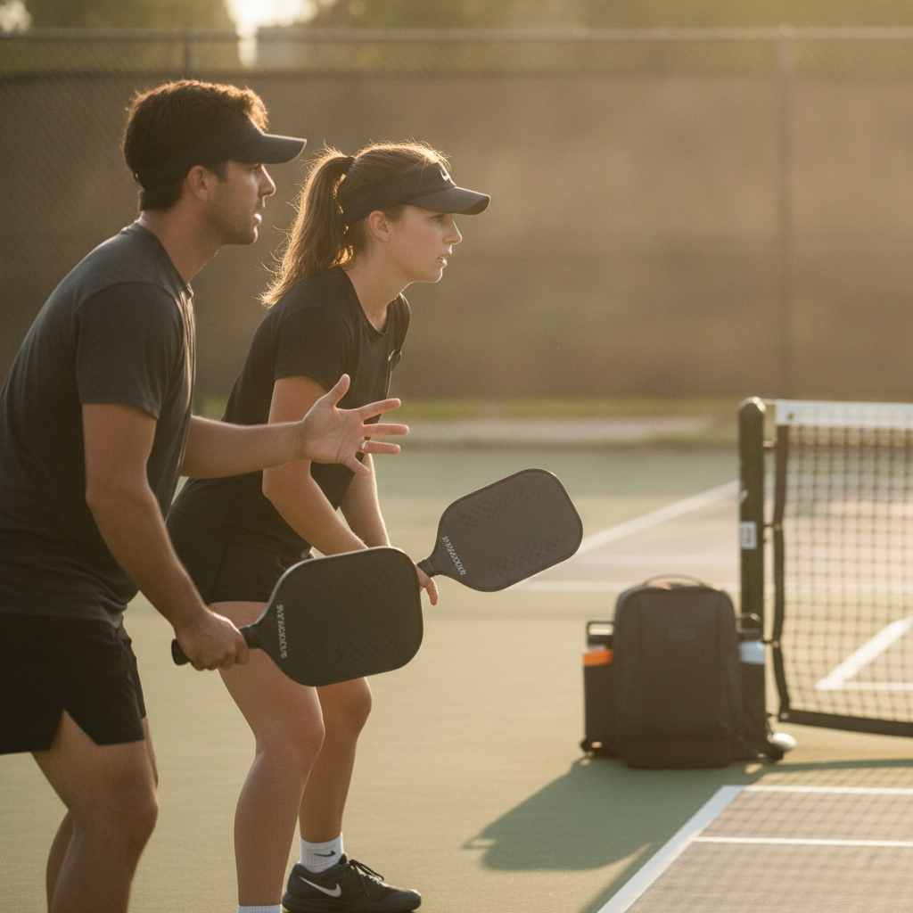 Pickleball coach giving form feedback to a student at the non-volley zone line during a lesson