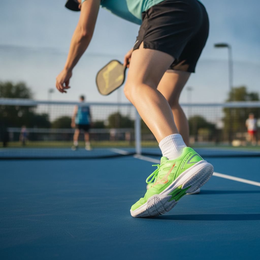 Recreational pickleball player wearing stable court shoes on outdoor hard court, kitchen line approach