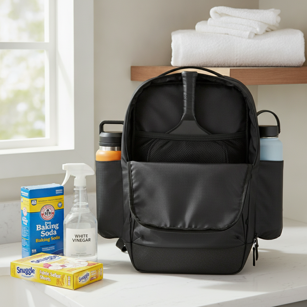Clean pickleball backpack next to baking soda and vinegar spray bottle — odor prevention setup on a laundry room counter