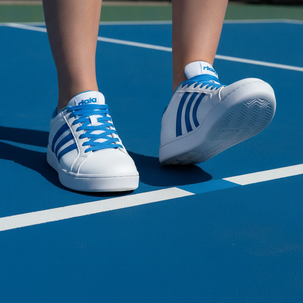 Court shoes stepping onto an outdoor pickleball court — guide to choosing the best pickleball shoes 2026