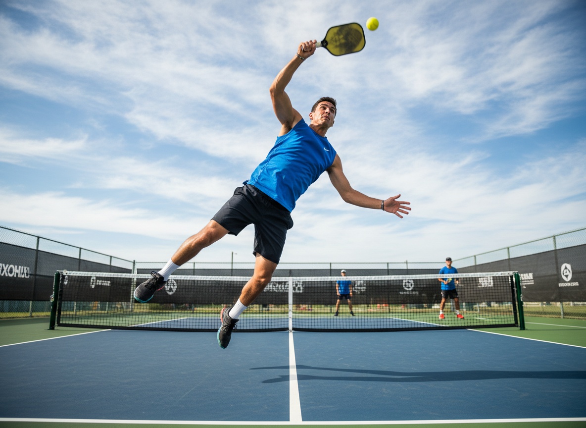 Pickleball player executing overhead smash at outdoor court, athletic extension and power - Gearbox PRO ULTIMATE elongated review