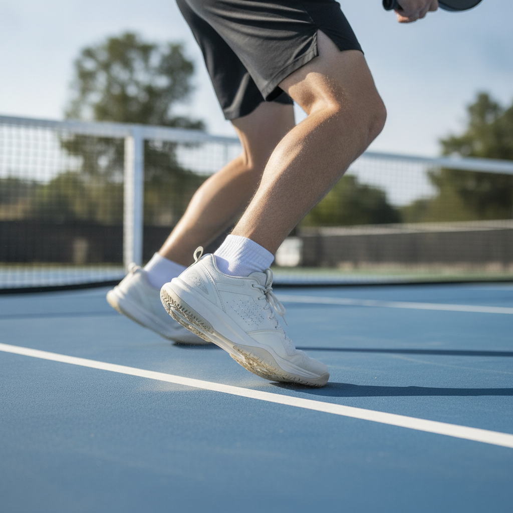 Pickleball player in dynamic lateral shuffle near the non-volley zone, court shoes gripping outdoor acrylic surface during a hard directional cut