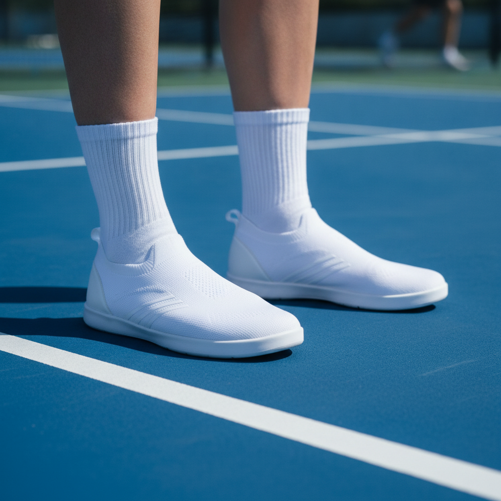 Slip-on pickleball court shoes on an outdoor hardcourt surface