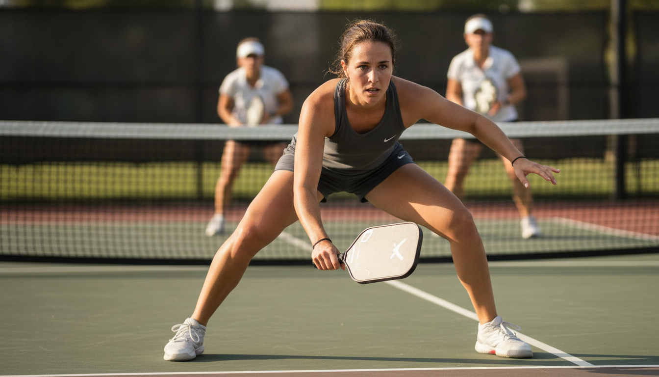 Pickleball player in low defensive crouch at the kitchen line, paddle face open, absorbing a hard incoming shot