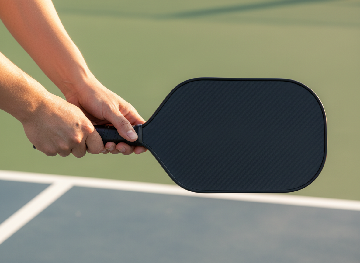 Player's hands gripping an elongated pickleball paddle at the kitchen line, carbon fiber face texture visible