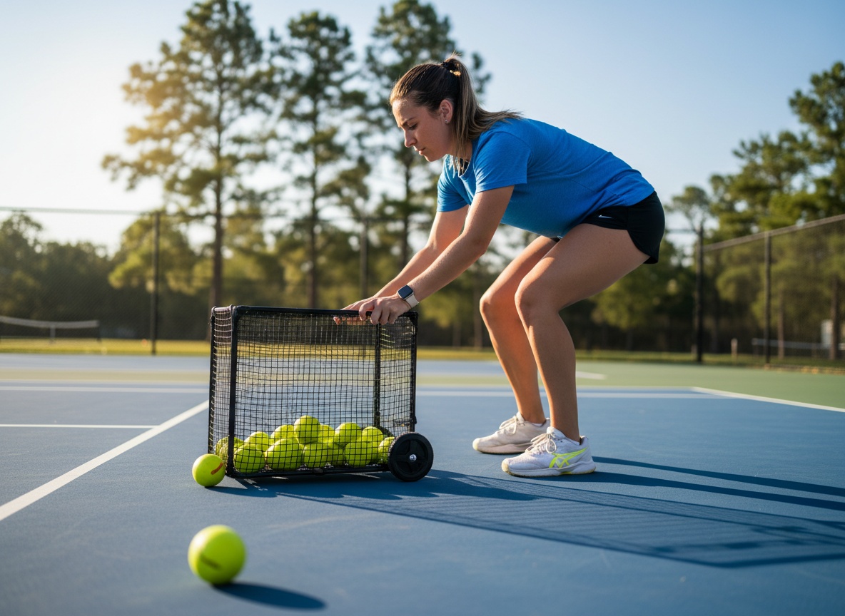 Player collecting scattered yellow pickleballs on an outdoor court during practice