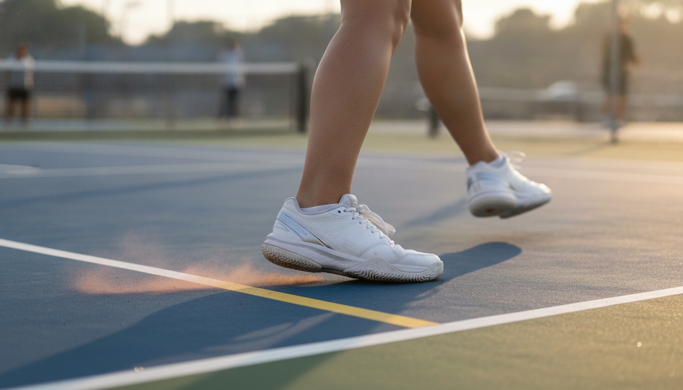 Woman making lateral cut in Wilson Intrigue Pro pickleball court shoes on outdoor court, golden hour lighting