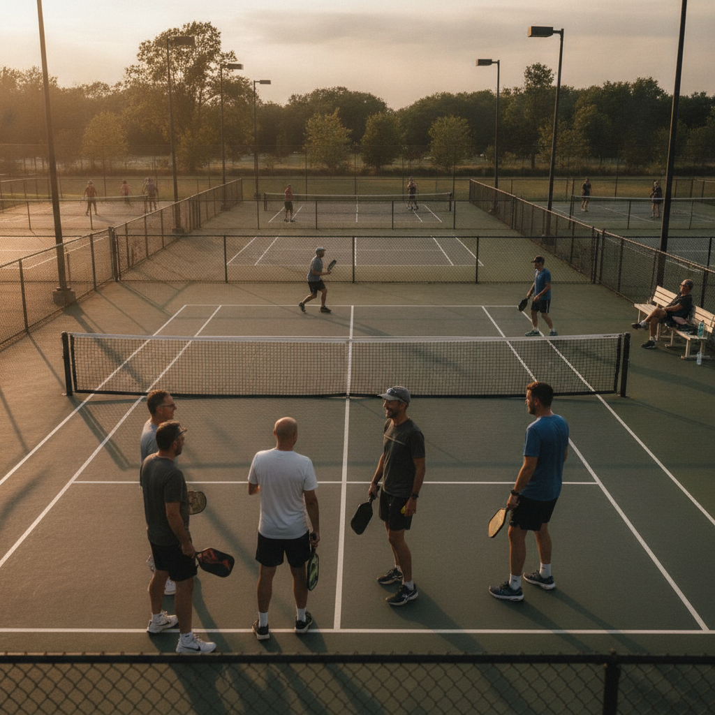 Adult players at an outdoor summer pickleball league night, multiple courts visible with groups warming up in golden hour light